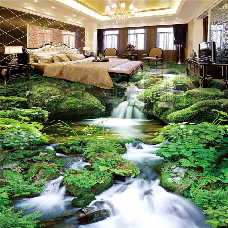 

Customized Mural flooring stream waterfall landscape floor pvc self-adhesive wallpaper floor painting wallpaper tapety