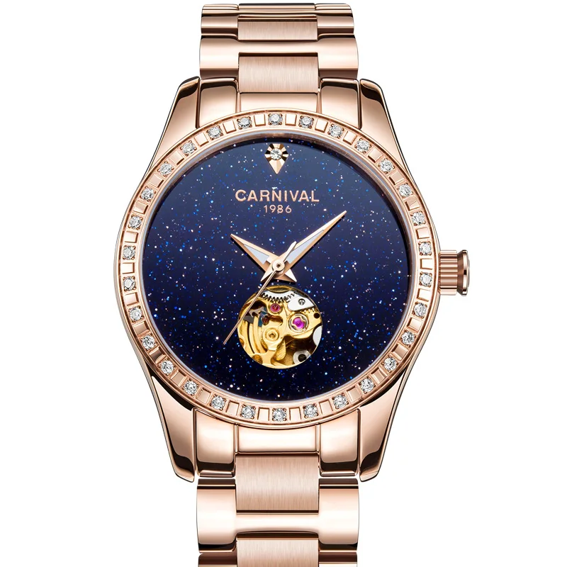 Fashion Skeleton Watch Women 2019 CARNIVAL Mechanical Watch Waterproof Calendar Sapphire Luminous Full Steel Women Watches Gold