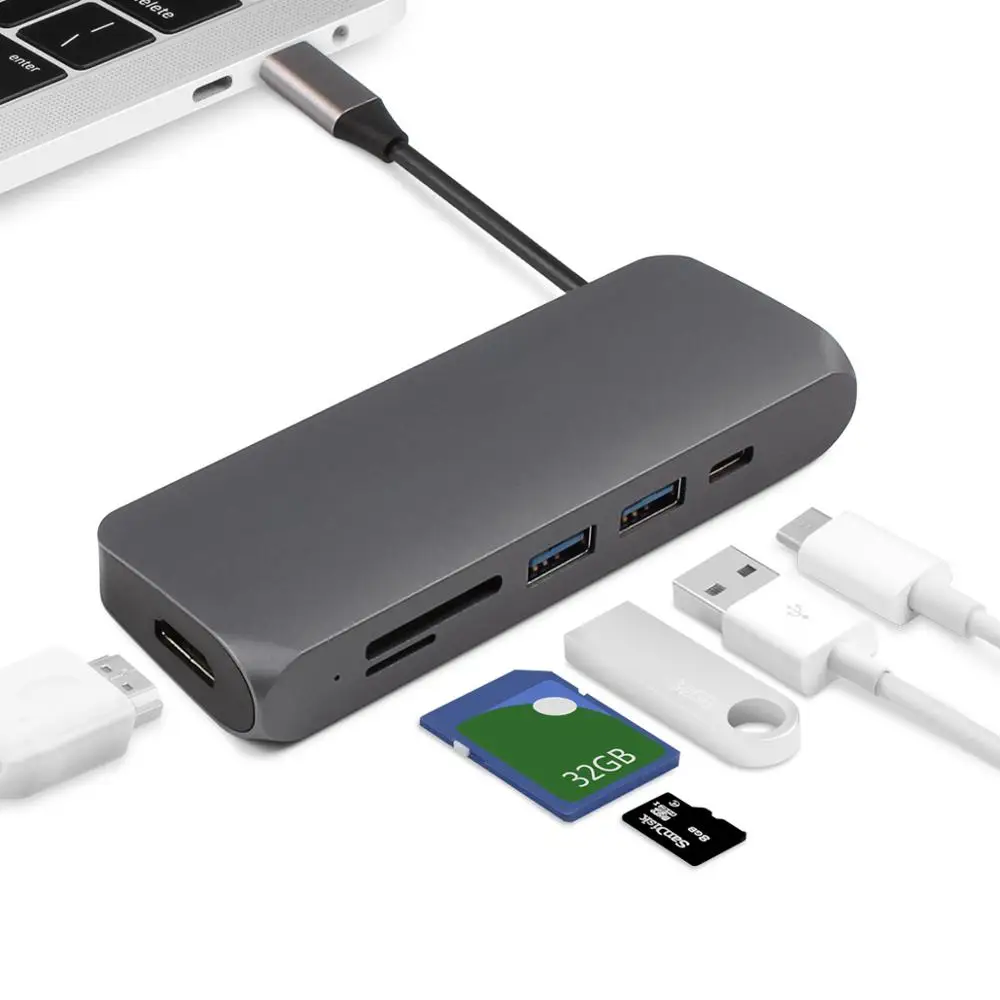 

USB C Hub Type C Adapter with 4K HDMI- compatible SD/TF Card Readers, 2 USB 3.0, Thunderbolt 3 PD Port for MacBook Pro Air