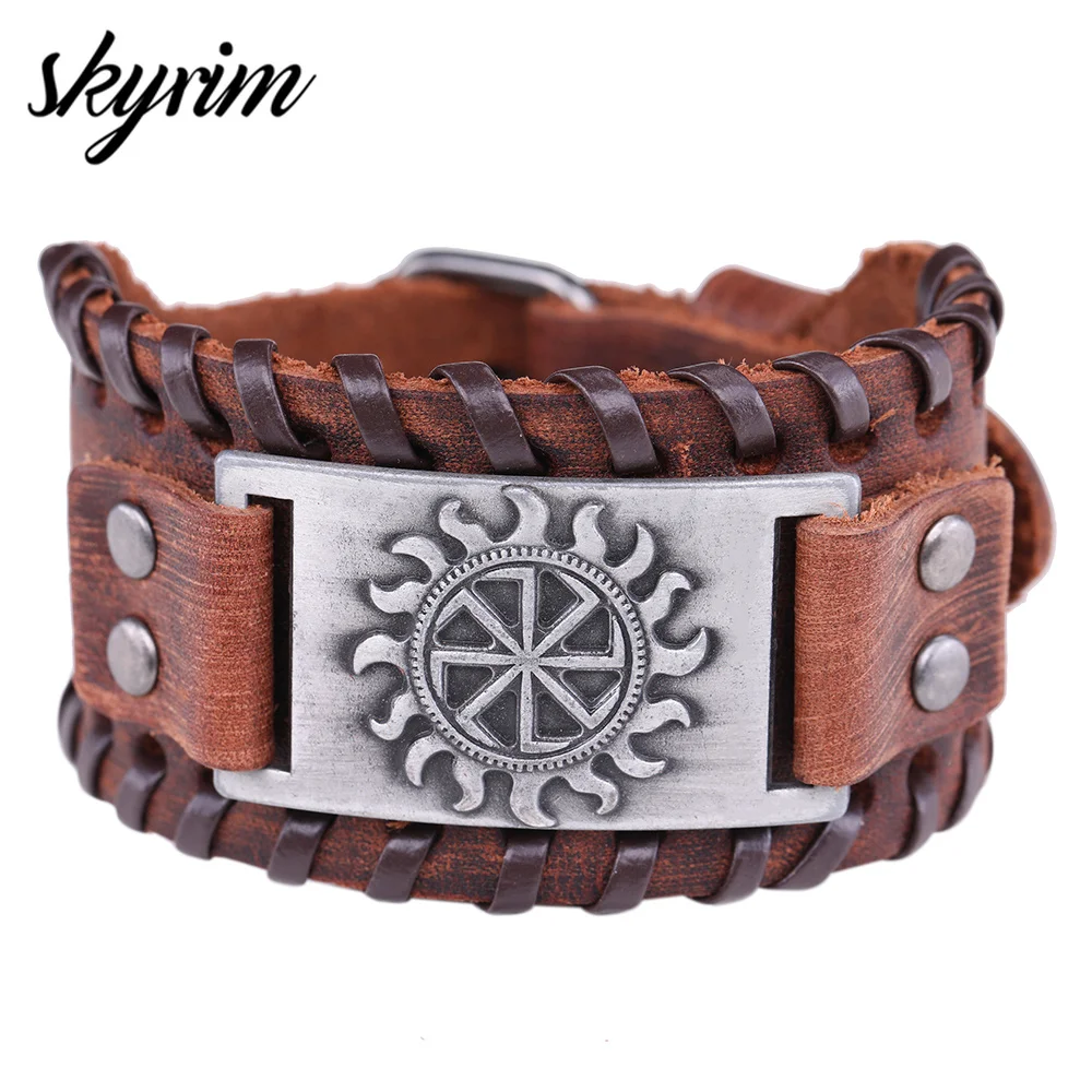 Skyrim-Pulseras de cuero genuino para hombre, amuleto con símbolo eslavo del sol, joyería de Talismán Supernatural