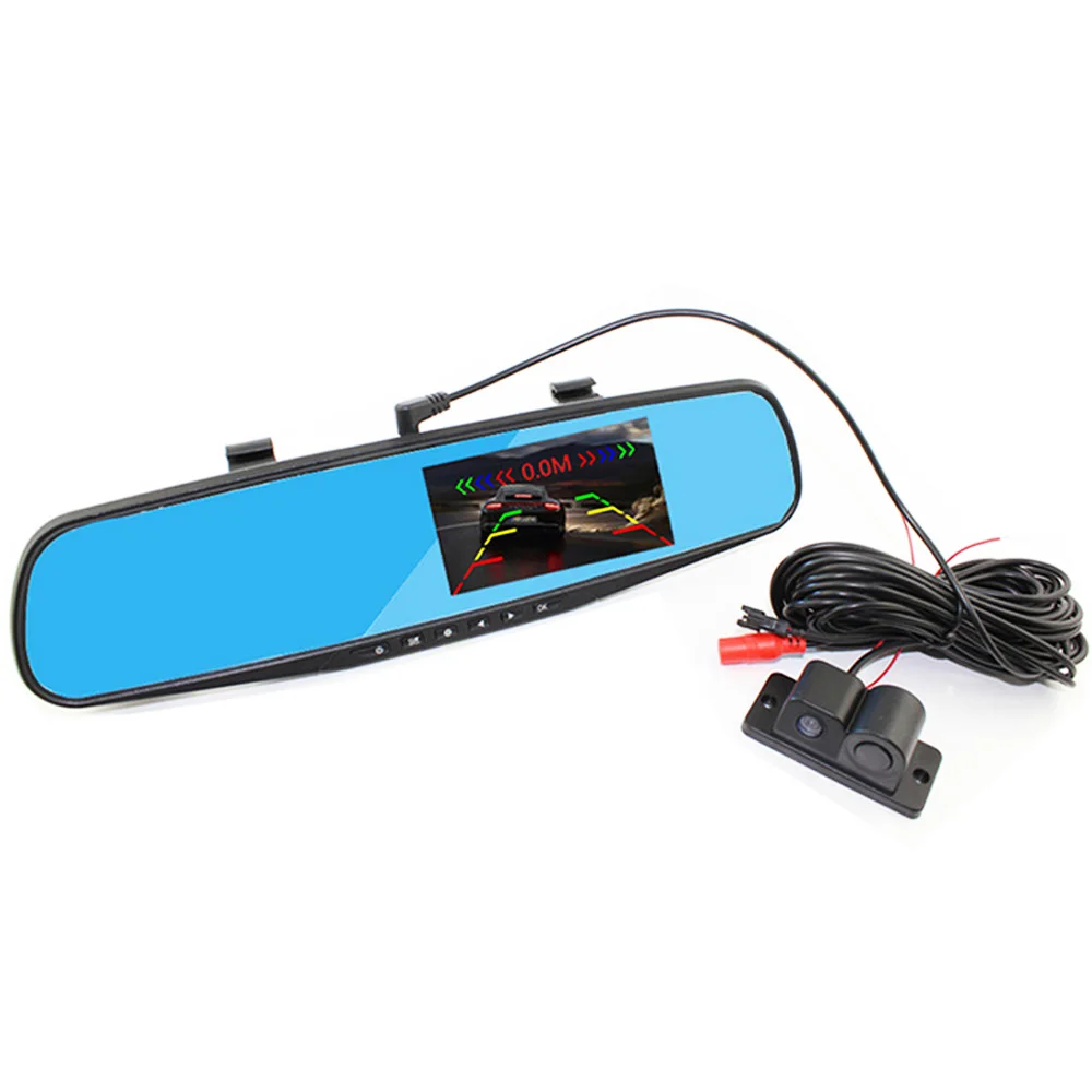 

Double Recording Before And After Reversing HD 1080P 4.3 Inch Blue Screen Rearview Mirror Rriving Recorder+Parking Sensor