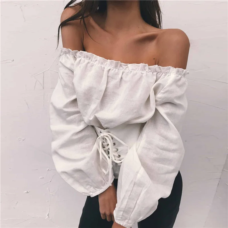 Autumn Sexy off shoulder ruffle long sleeve blouse waistband shirt tops Elegant women blouses Female Casual sashes blusas