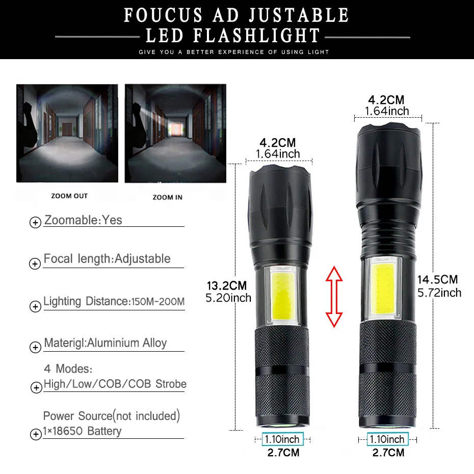 Lanterna led lateral cob, t6, 2000 lúmens, lanterna led com zoom, alumínio, 4 modos de luz, para bateria 18650