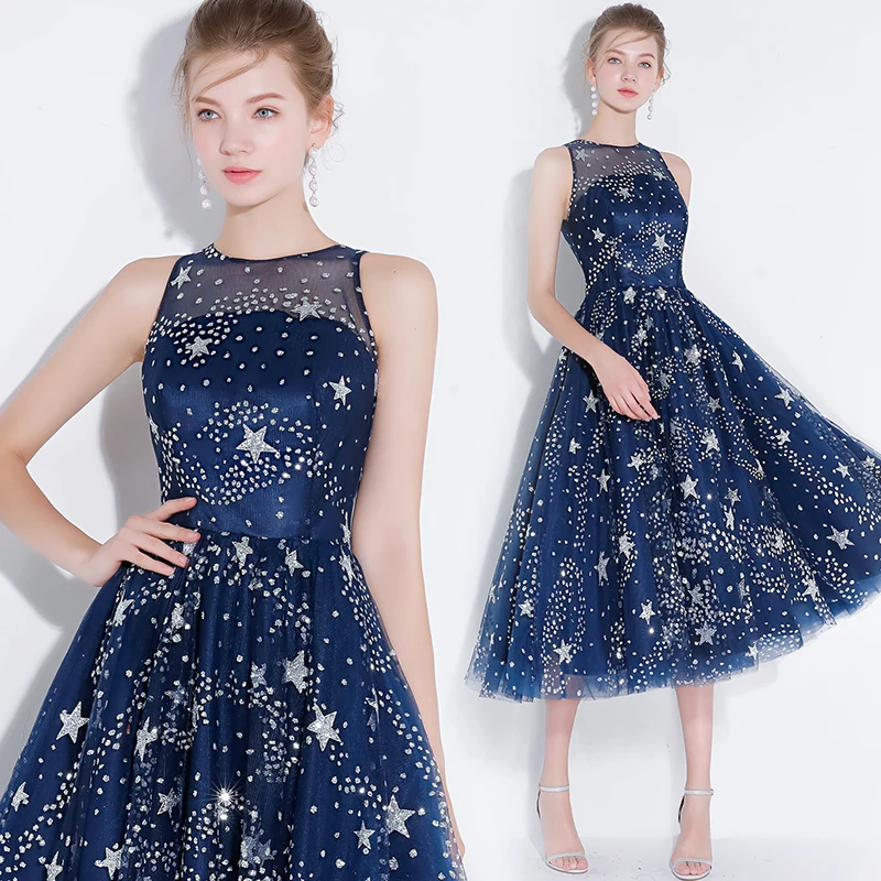 Customized Short Cocktail Dress Blue Star Shines Sleeveless High-necked Party Gown Formal Dresses Robe De Soiree