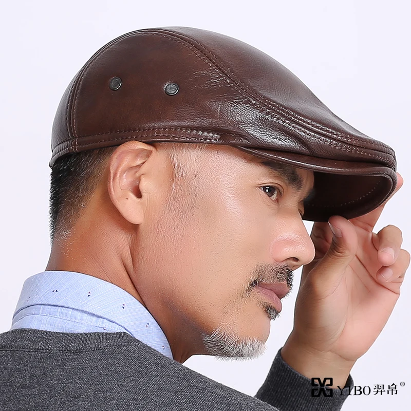 Men's Genuine Leather Hat Adult Winter Leather Cap Elder Papa Warm Hat Men's Cowwide Visors Warm Cap Ear Protection B-8382