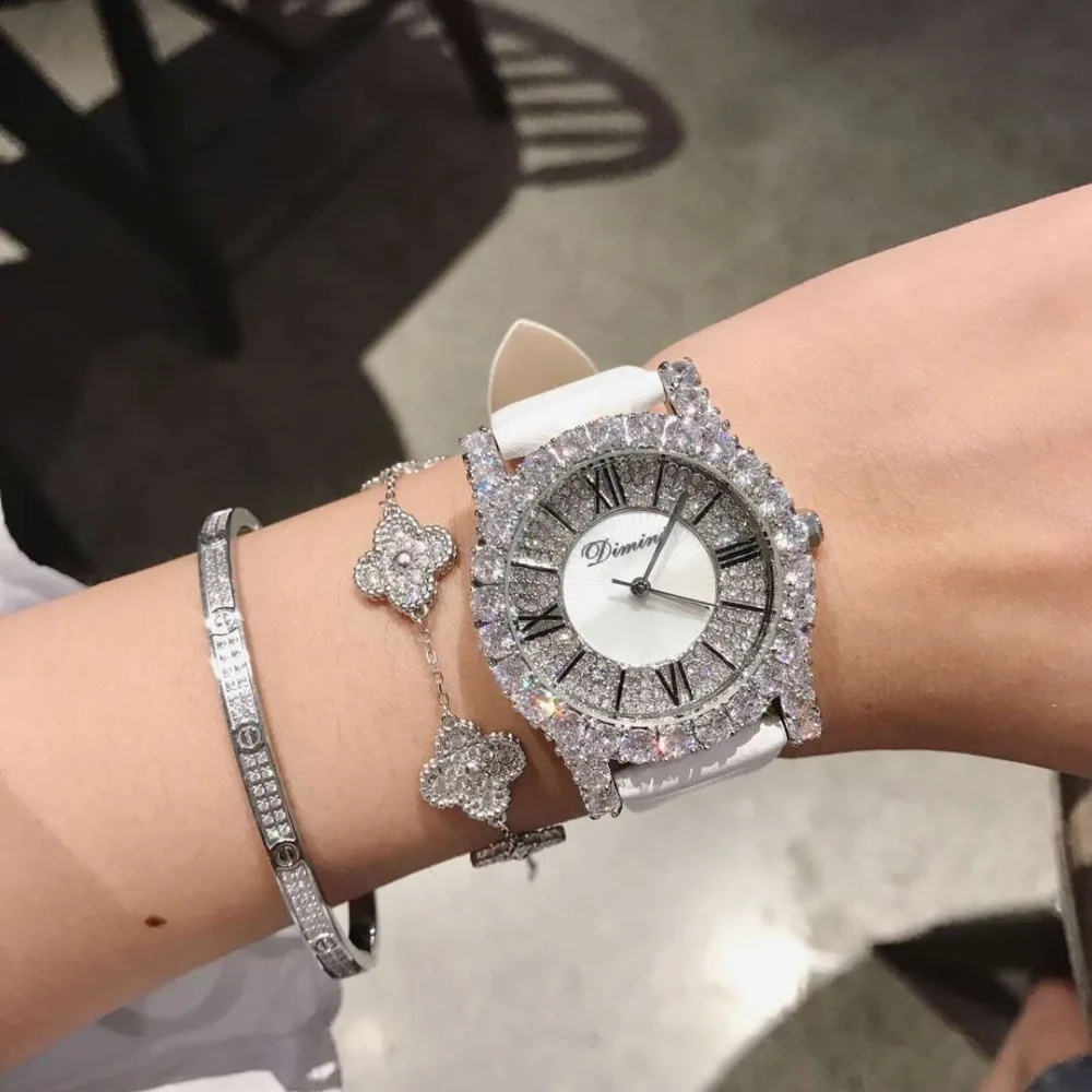 Luxury Brand Jewelry Watches for Women Sparkly Crystals Wristwatch Waterproof Roman Dress Watch Real Leather Montre Femme 2 Size