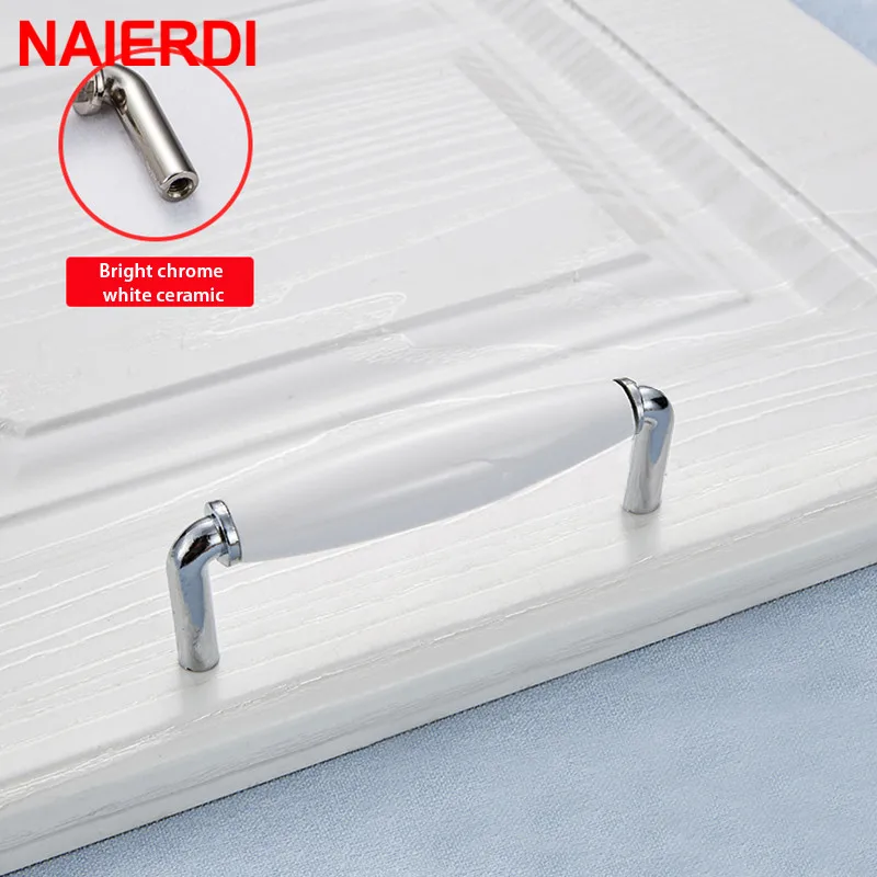 NAIERDI Modern Ceramic Cabinet Handles Zinc Alloy Drawer Knobs Bright Chrome Wardrobe Door Handles Furniture Handle 96mm/128mm