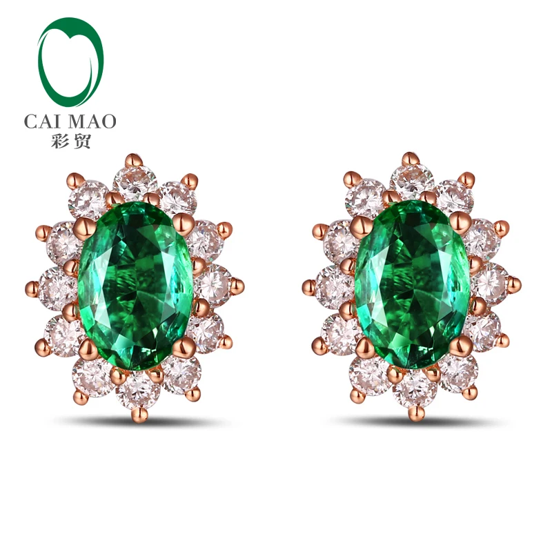 Caimao Classic Retro 18k Rose Gold 1.40ctw Natural Emerald Diamond Earrings Studs Gorgeous Jewelry