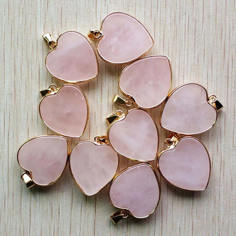 Good quality Natural roses quartz stone gold-plate side heart pendants 25mm for jewelry making wholesale 10pcs/lot