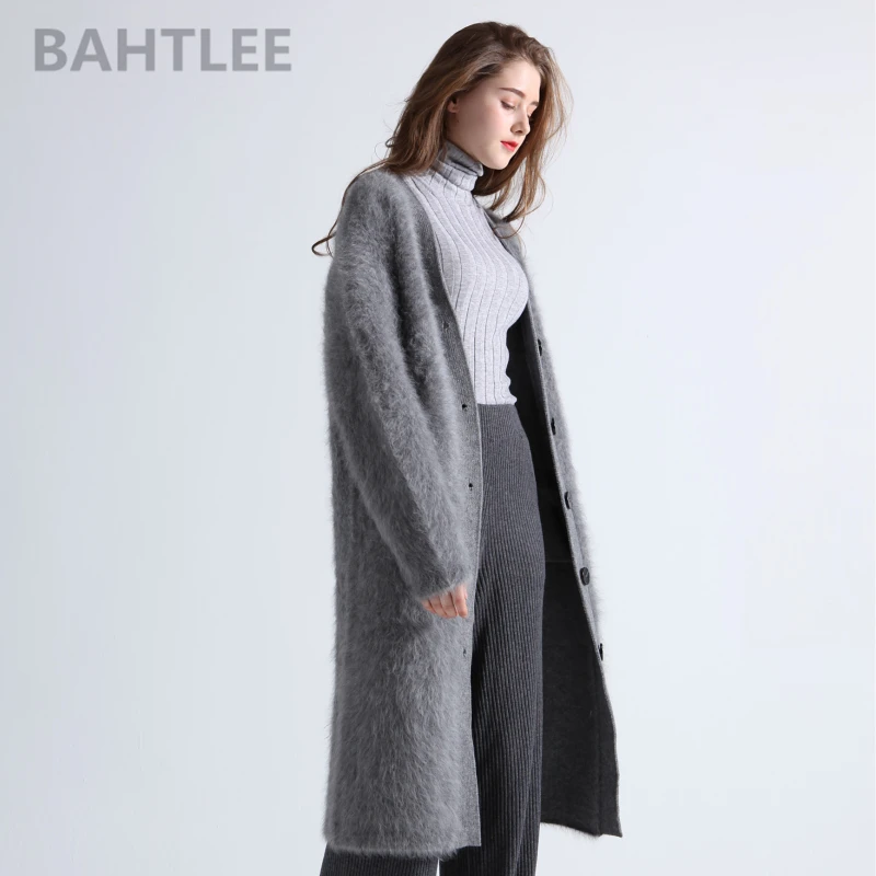 BAHTLEE-Women\'s Angora Long Cardigans, Wool Knitted Sweater, Mink Cashmere, V-Neck, Button Pocket, Thick, Keep Warm, Winter