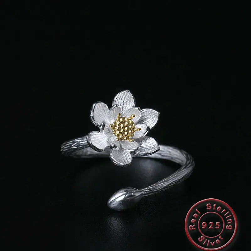 

Amxiu Handmade 925 Sterling Silver Open Rings Two Tones Lotus Flower Ring For Women Girls Birthday Gift Party Accessories Anel