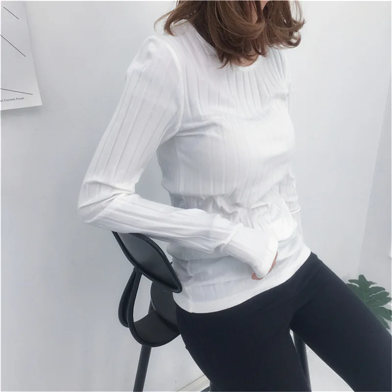 Basic Cotton Ribbed Tops Tees With Thumb Hole Women Long Sleeve Tee Shirts Essential Layering T Shirt Femme S,M,L