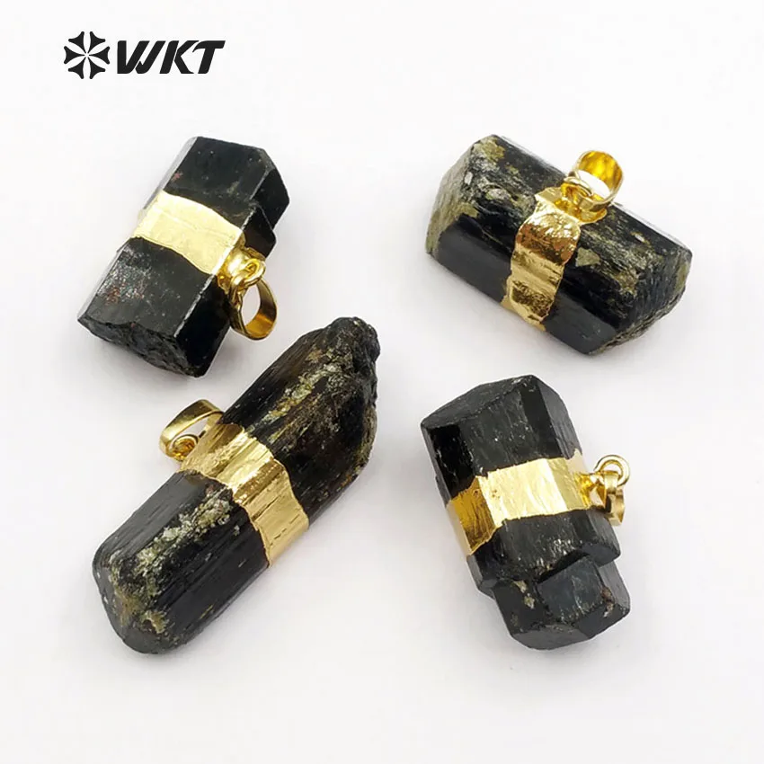 

WT-P315 Special Design Natural Black Raw Tourmaline Pendants, Natural Black Stone With Gold Trim Pendants For Jewelry Making