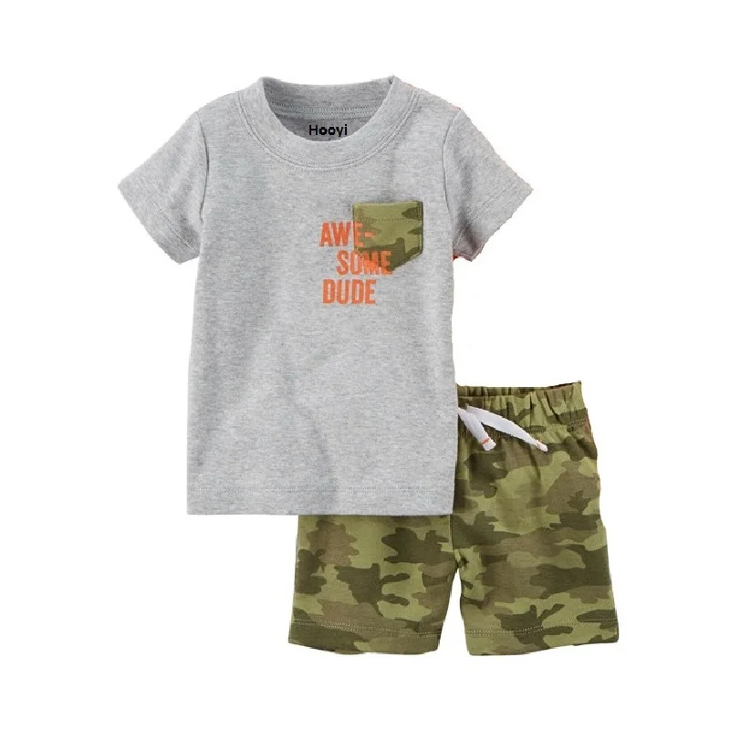 

Awesome Dude Little Boy Clothes Suit Tee Shirts + Camouflage Short Pants 2PCS Sets Grey Camo Outfits Cotton Sets Tops Jumpsuits