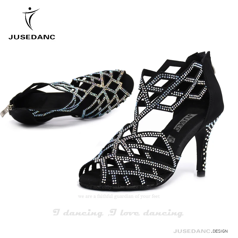 Zapatos de baile latino para mujer, zapatos de baile de salón, Jazz, zapatillas de baile, tacones altos negros, diamantes de imitación completos