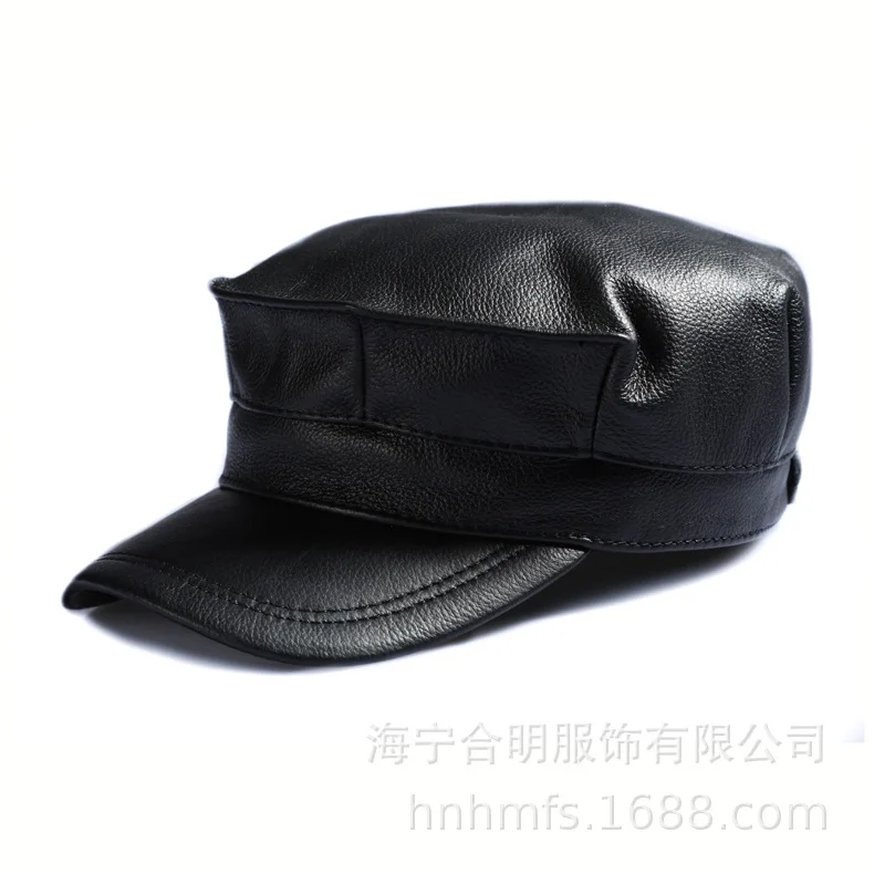 Autumn Winter Visor Hat Youth British Fashion Cowhide Men Cap Genuine Leather Flat Top Korean Version Elderly Male Hats H6929