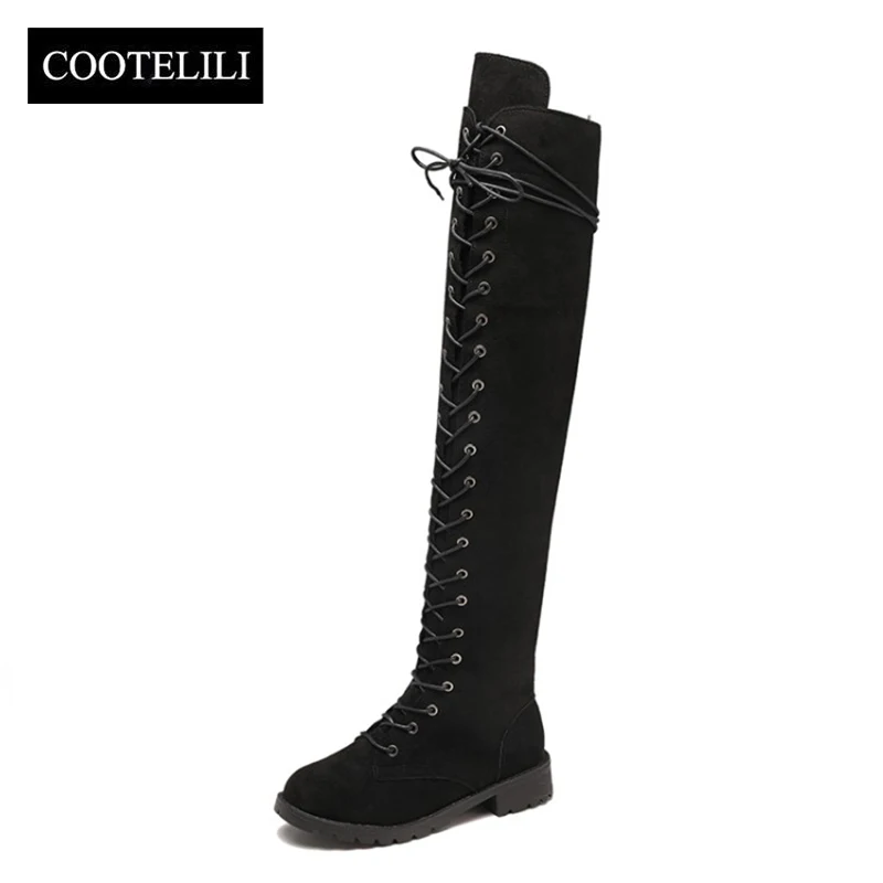 COOTELILI Thigh High Boots Lace-Up Women Shoes Over The Knee Boots Flat Long Boots Ladies Rubber Boots Women Shoes 35-43