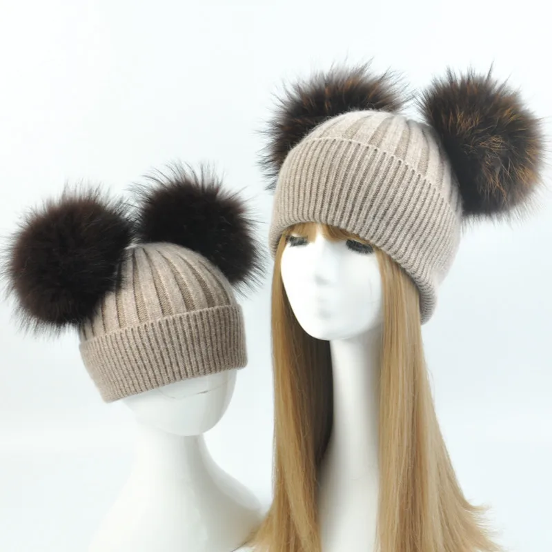 Cashmere Winter Hat for Children and Women Parent Baby Boys Wool Caps Warm Bobble Knitted Hat Double Real Fur Pompom Beanie Hat