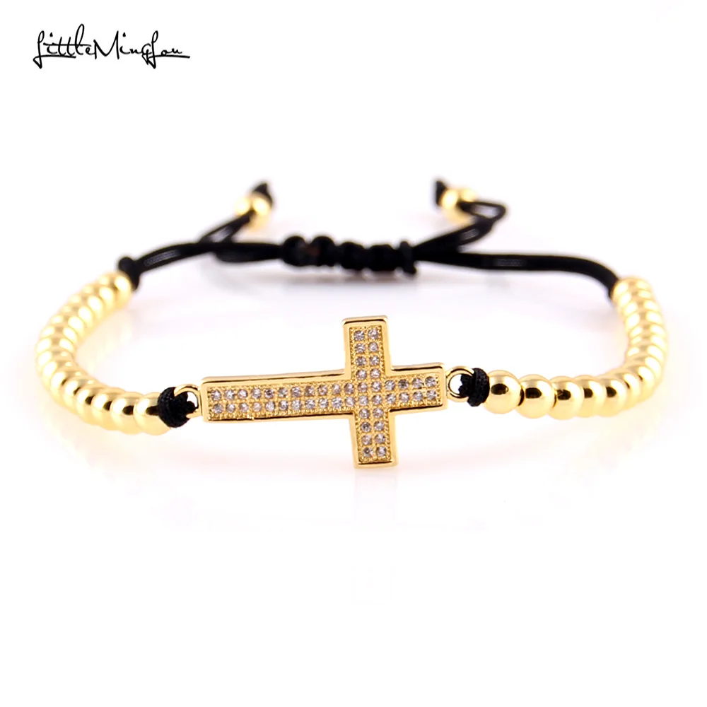 

Little MingLou Trendy Men Bead Bracelet Micro Pave CZ Cross Charm Copper Braided Jesus Bracelets & Bangles For Women Jewelry