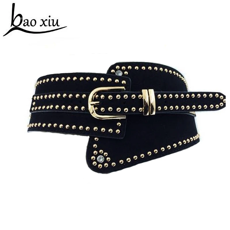 

2019 Metal Rivet Wide Studs Beaded PU Leather Belts Pin Buckle women High Quality cummerbund strap belt waist female accessories