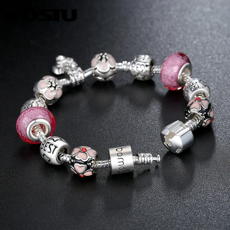 WOSTU Romantic Silver Plated Flower Heart Charm Beads Bracelet DIY Jewelry for Women Fit Original Bracelets Pulseira 1459