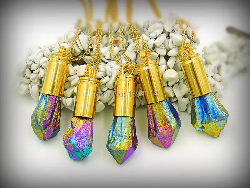 Titanium Rainbow Crystal Druzy Point Pendant Necklace Gluing Brass Cartridge Case Gold Plated Approx 35-45mm