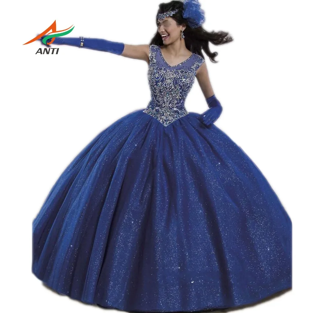 Anti royal azul 2019 elegante quinceanera vestidos v-neck beading vestidos de 15 anos doce 16 vestidos de baile de máscaras lqb1