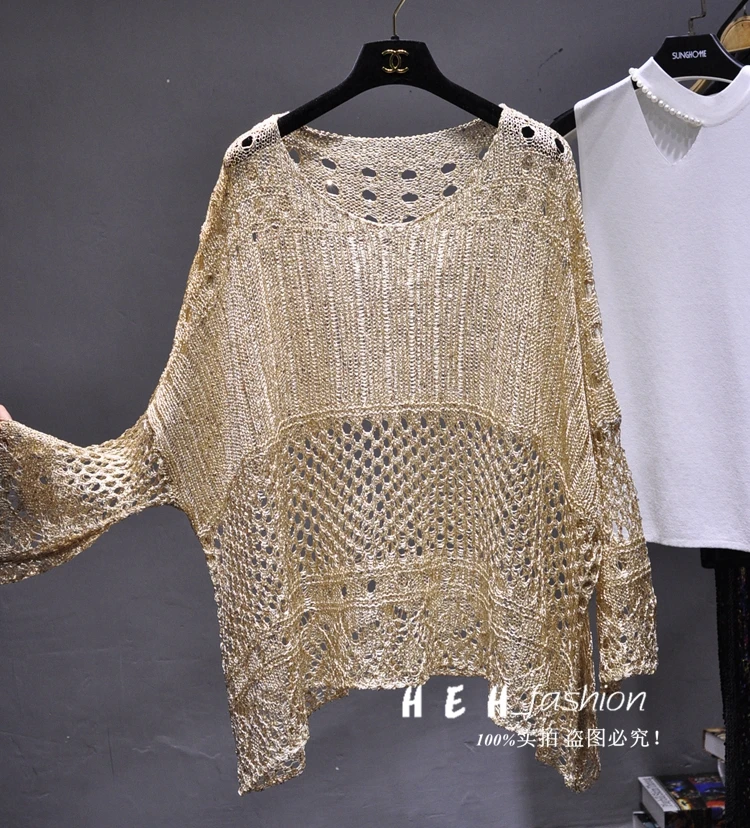 Cakucool Gold Lurex Summer Blouse Shirt Long Batwing Sleeve O-neck Hollow Out Knit Top Loose Bohemian Design Large Shirts Blusa