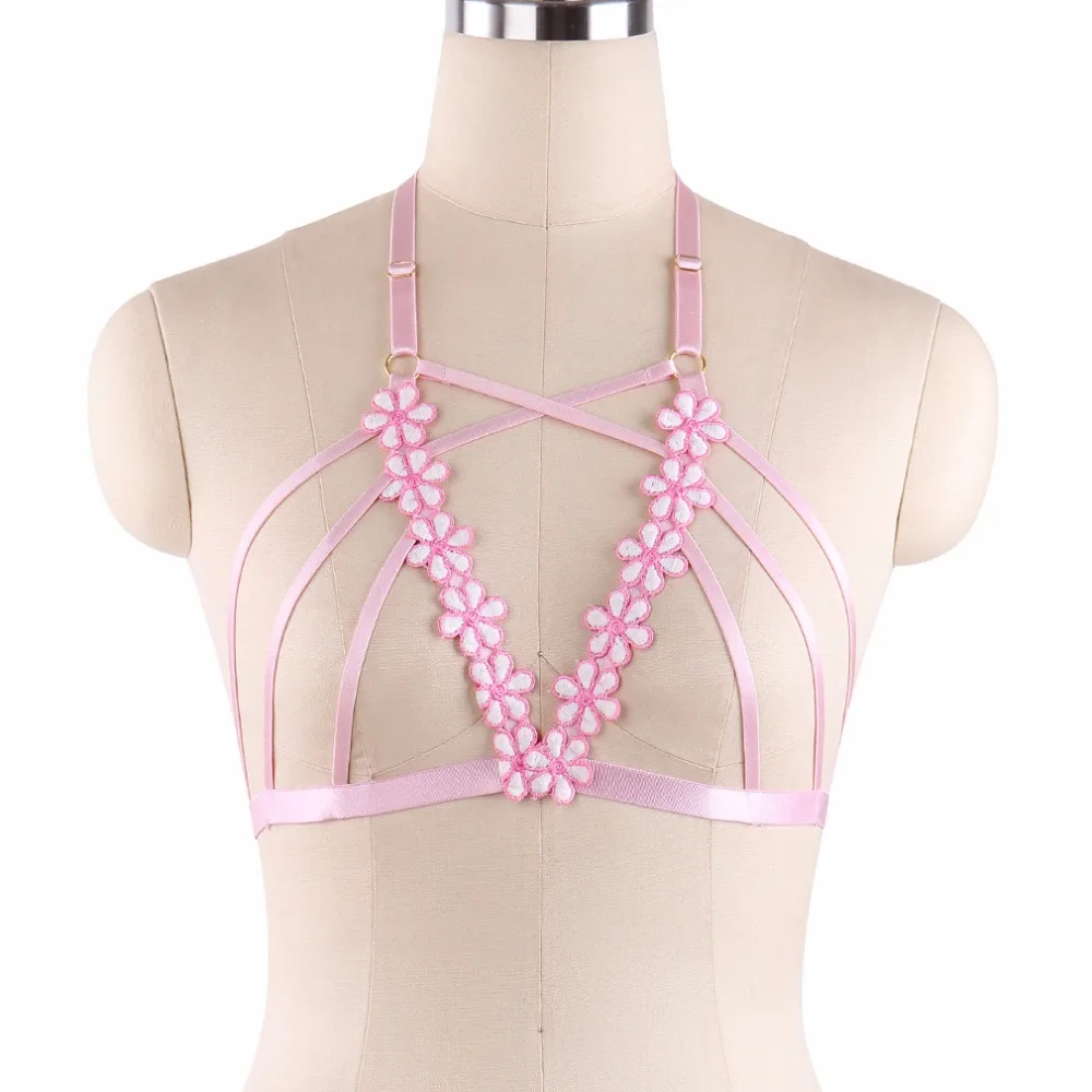 

Adjustable Pink Harness Sexy Bridal Wedding Garters Women's Fetish Wear Cupless Cage Bralette Erotic Bodysuit Lingerie DO0613