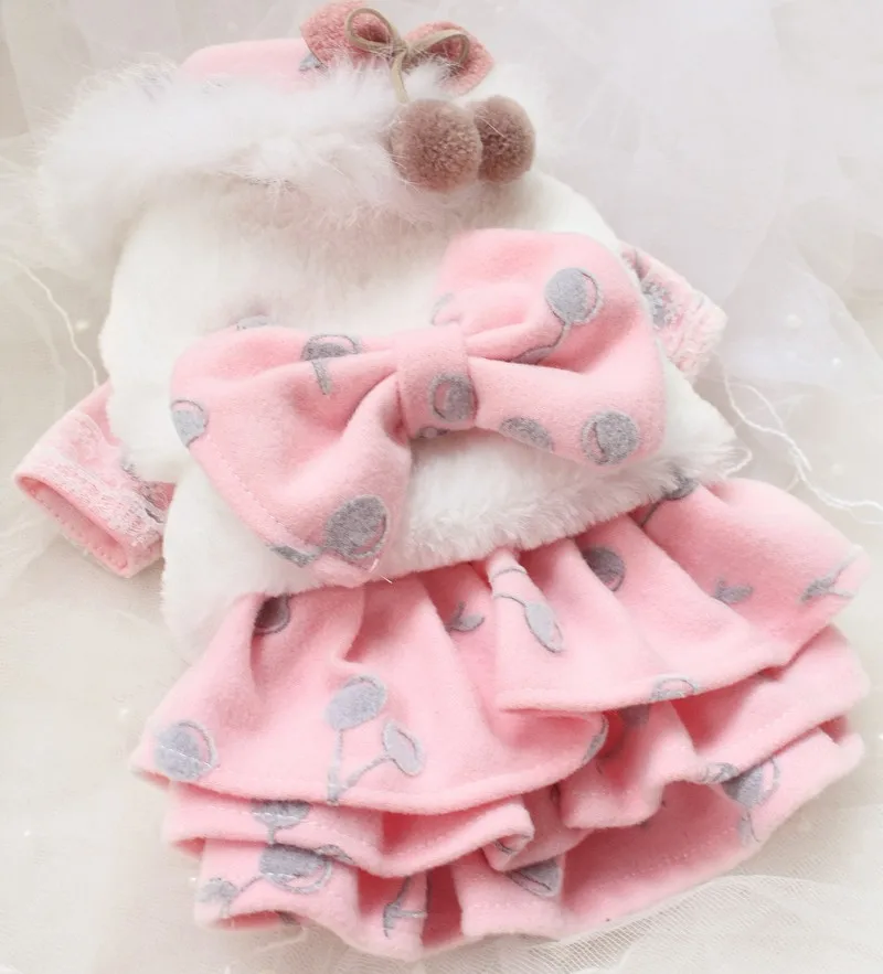 

High Quality Handmade Winter Dog Coat Dress Pet Clothes Parkas Woolen Faux Fur Collar Detachable Bow Pink Dot Walks ON SALE
