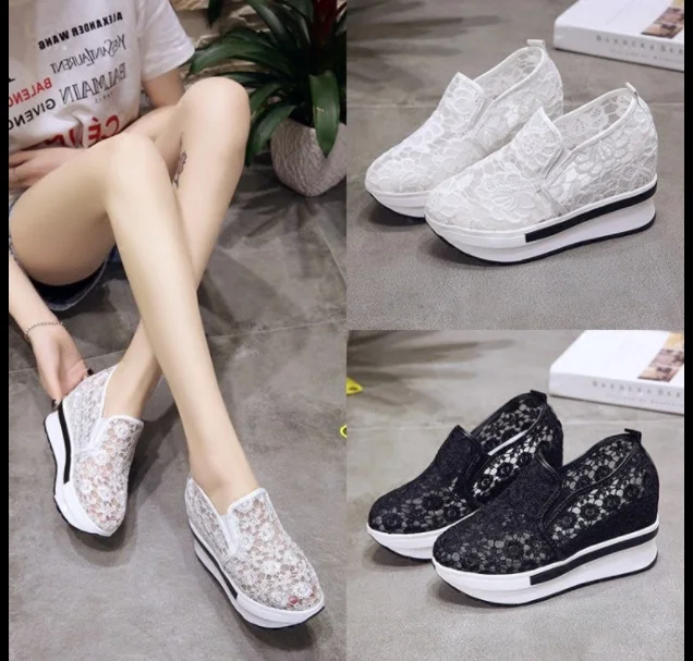 

2019 Wedges Canvas Shoes For Woman Platform Vulcanized Air Mesh Shoes Hollow Lace-Up Hidden Heel Height Increasing shoes Casual