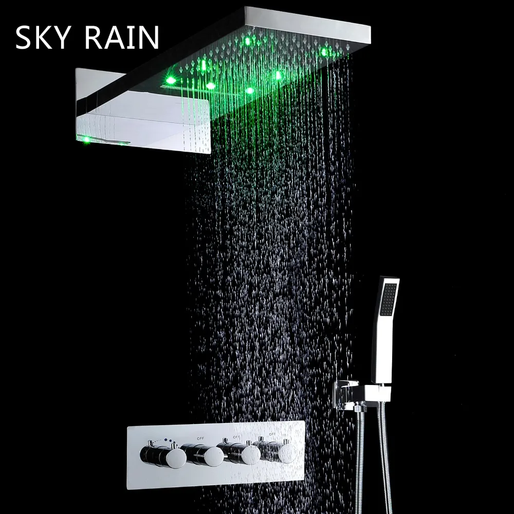 Wall Mounted Rainfall Waterfall 22 Inches Shower Head System LED Shower Faucet Set Thermostatic Mixer Kit