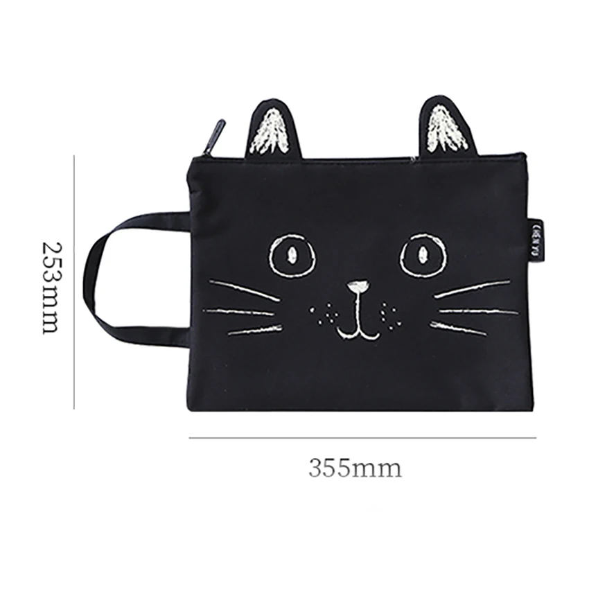 New Cute Kitten Shape Canvas Handbag A4 Paper Holder File Folder Zipper Bag Cartoon School Office Supplies Data Document Storage