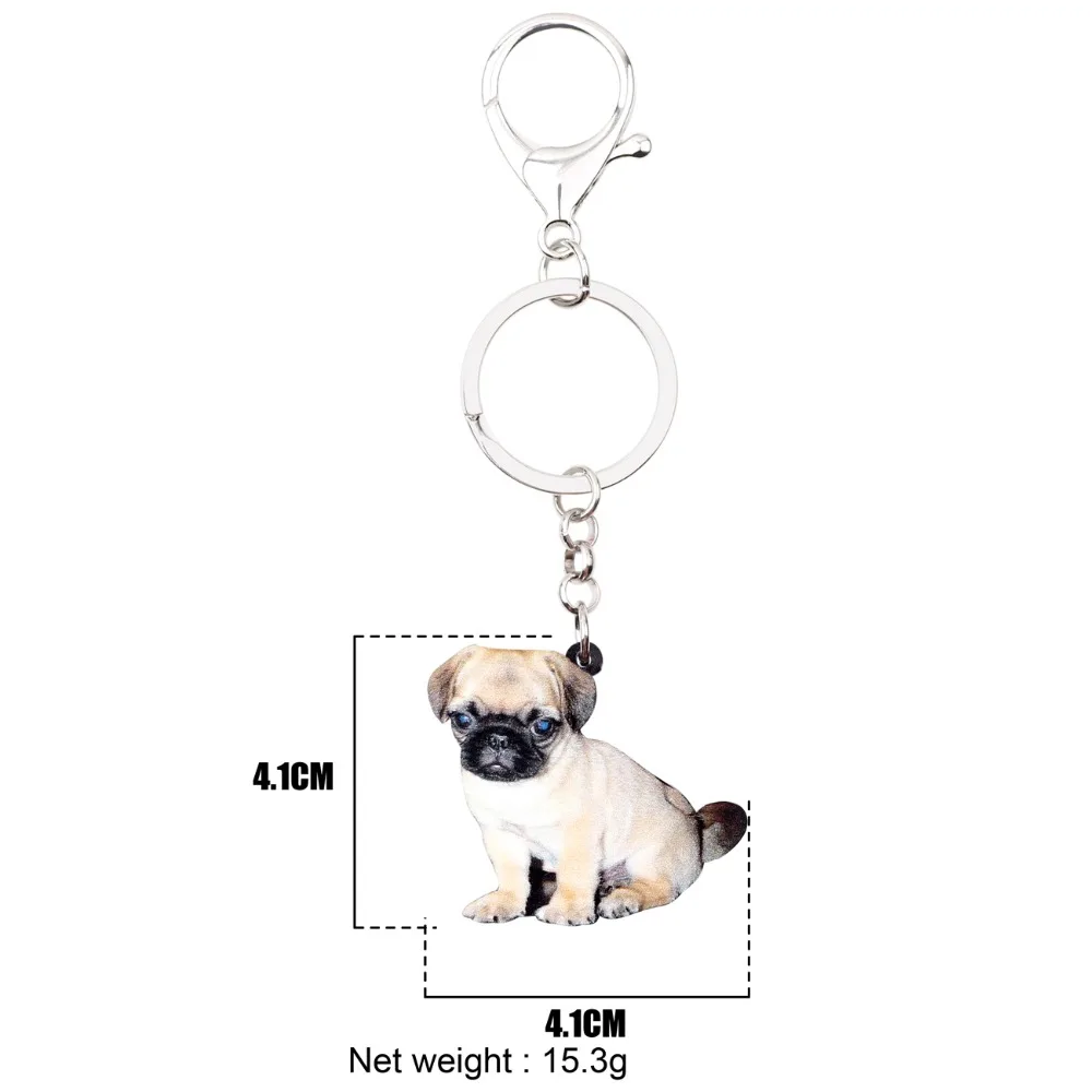 Bonsny Acrylic Sweet Pug Dog Key Chains Keychains Rings Cartoon Animal Jewelry For Women Girls Pet Lovers Bag Car Charms Pendant