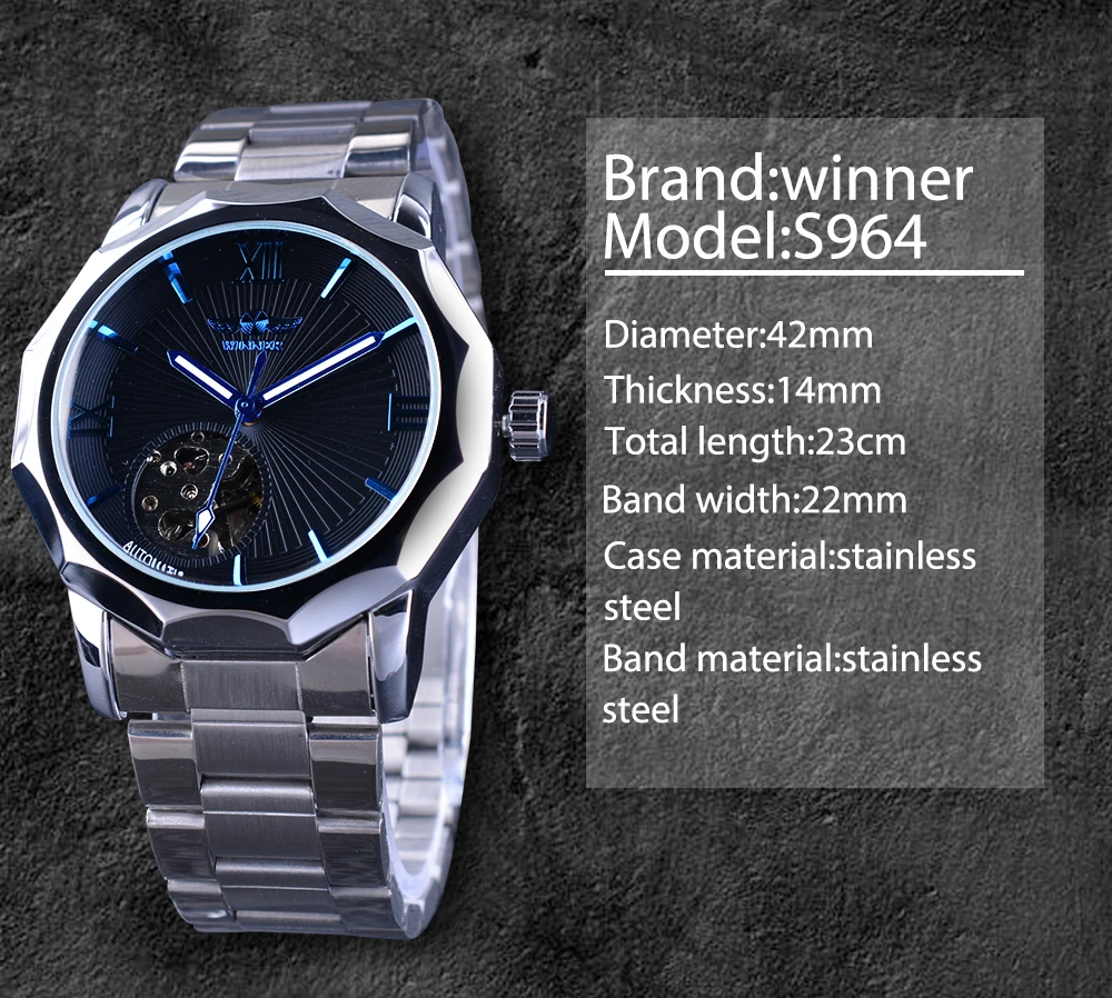 Winner Blue Ocean Geometry Design Stainless Steel Luxury Small Dial Skeleton Mens Watches Top Brand Luxury Automatic Wrist Watch