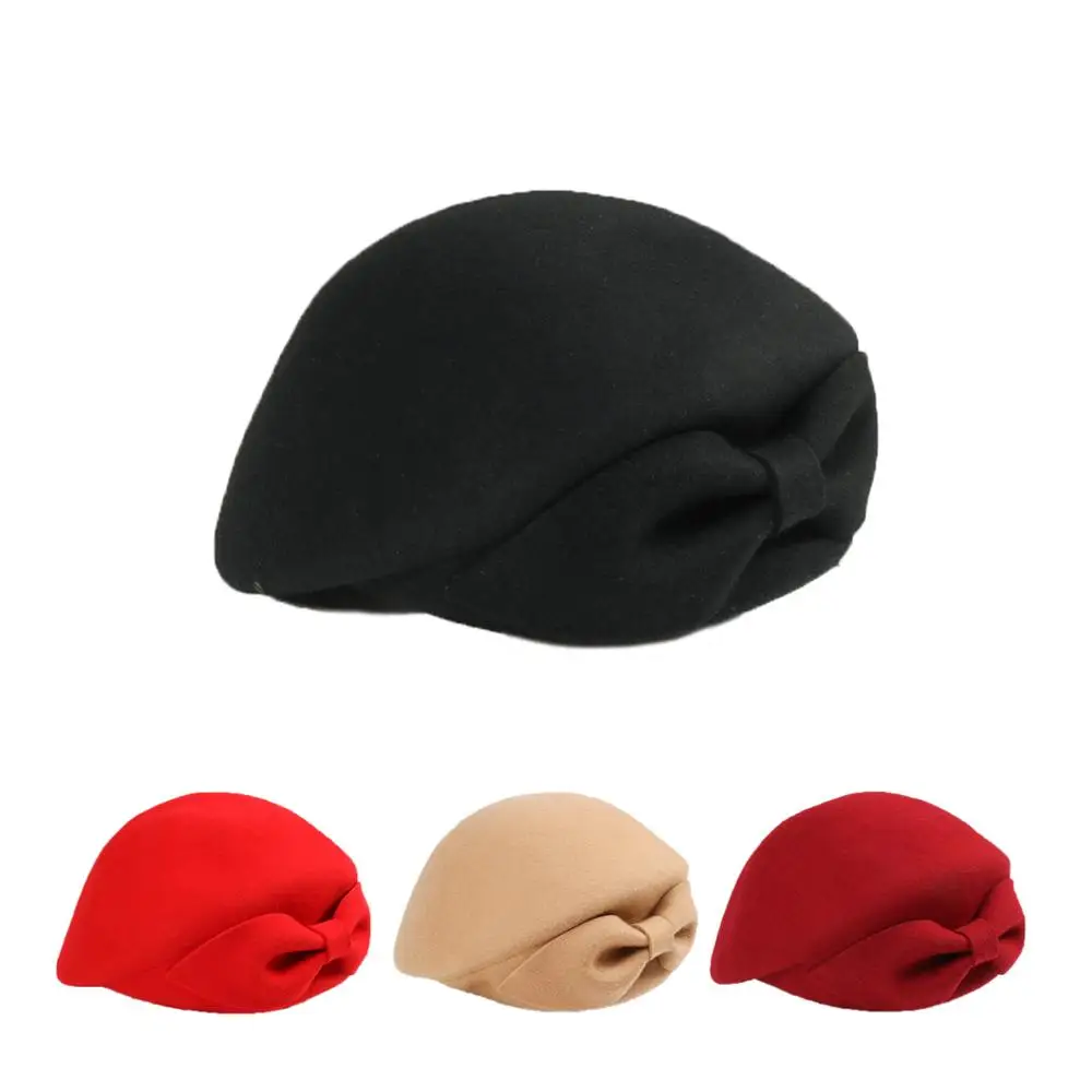 2019 Ladies Red Wedding Hat For Women Vintage 100% Wool Felt Pillbox Hats Black Fascinator Winter Fedoras Bow Beret Church Hats