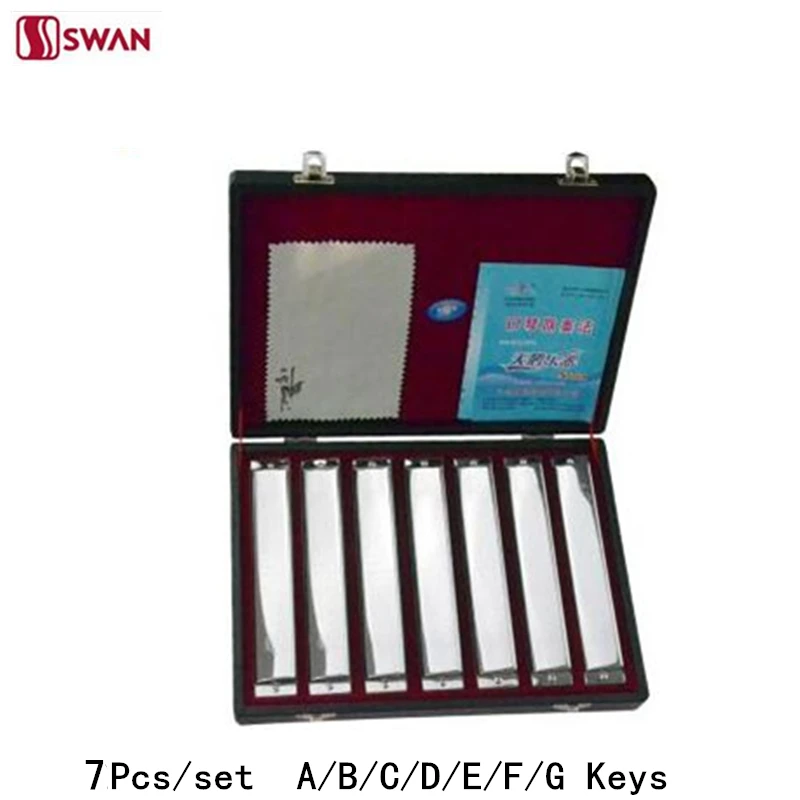 

7Pcs/set Swan Harmonica 24 Hole 7 Tune set packing sliver color Tremolo Harp with Gift Box Mouth Organ for Collect