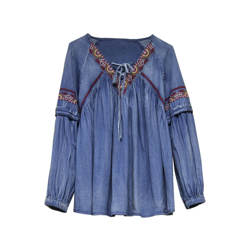 Áo sơ mi Nữ 2018 Yuzi. có thể Boho New Denim Phụ Nữ Áo V-Cổ Dài Đèn Lồng Tay Áo Cổ Điển Thêu Loose Blusa Feminina B9261