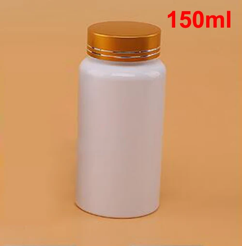 100PCS 150ML/150CC White Plastic PET Bottle, Pill / Capsules / Powder Bottle With Aluminum Gold Cap & Pressure Sensitive Seals