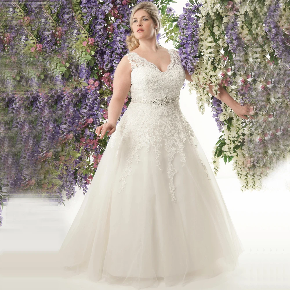 Elegant V คอ PLUS ขนาดชุดแต่งงาน Vestidos de Noivas A-Line Tulle ที่กําหนดเอง Appliqued ชุดเจ้าสาวกับเข็มขัด