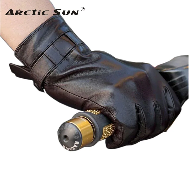 Men Genuine Leather Gloves Fashion Black Sheepskin Gloves Autumn Winter Plus Thermal Velvet Driving Gloves M012NC