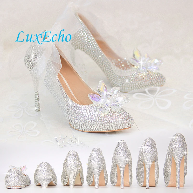 New arrival luxury princess slipper white rhinestone high heels pointed toe crystal flower women\'s wedding shoes High heels