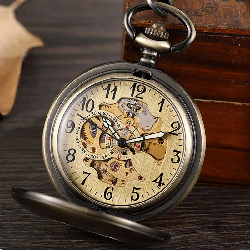 Vintage Bronze Skeleton Hand Wind Mechanical นาฬิกาผู้ชาย Steampuk นาฬิกาจี้โซ่ตัวเลขอาหรับ