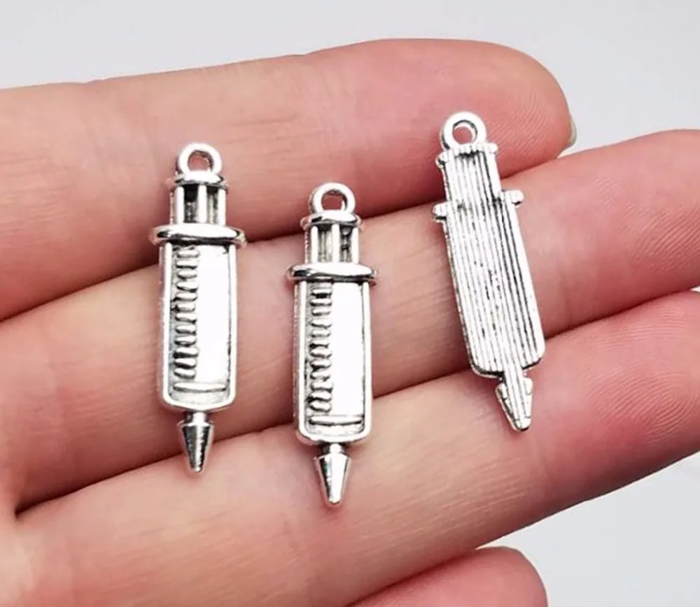 앤티크 실버 도금 주사기 참, 의료 펜던트, DIY 키 체인 용품, 쥬얼리 제작 액세서리, 로트당 25 개, 19x30mm