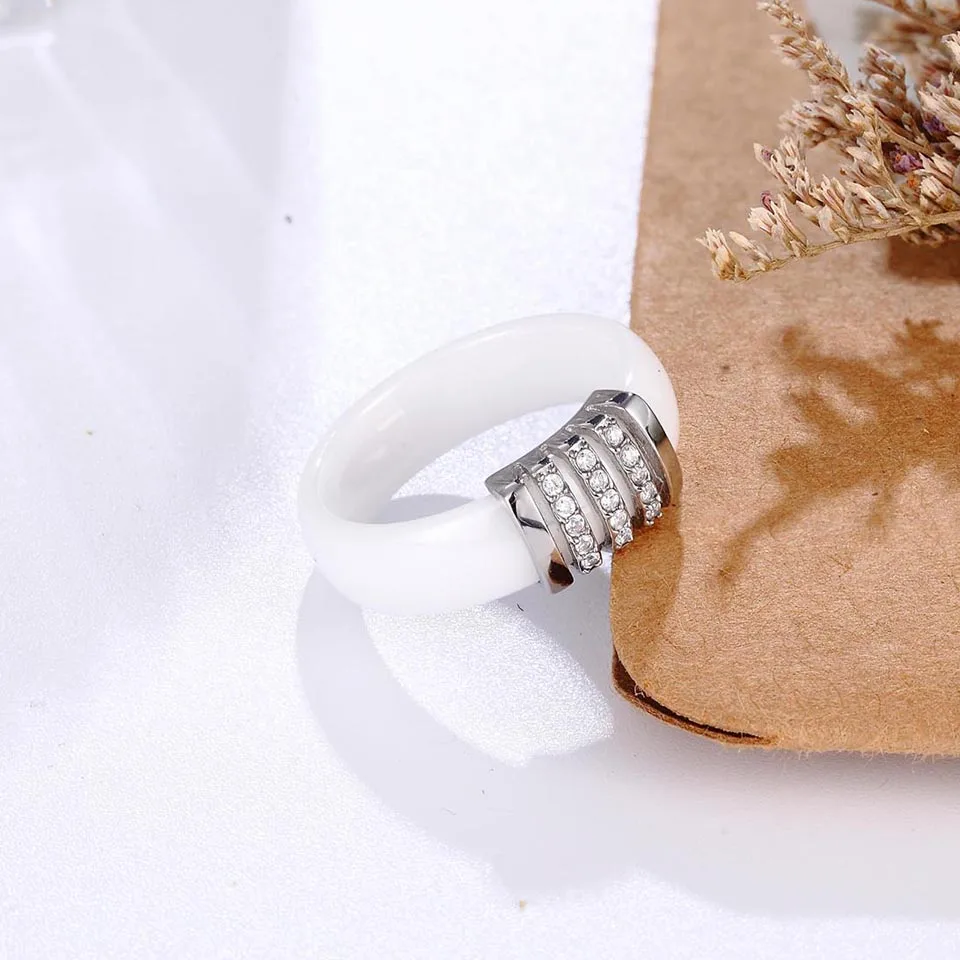 New Unique Rings Women 6mm Black White Ceramic Ring For Women India Stone Crystal Comfort Wedding Rings Engagement Brand Jewelry