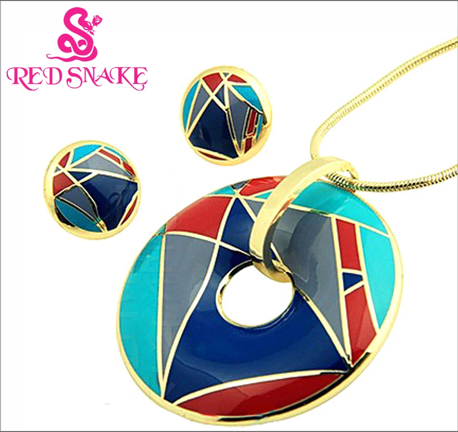 RED SNAKE Hot Sale! Newest Black Feather Design Green Pink Blue Geometry Enamel Jewelry Set(Necklace, Earring)