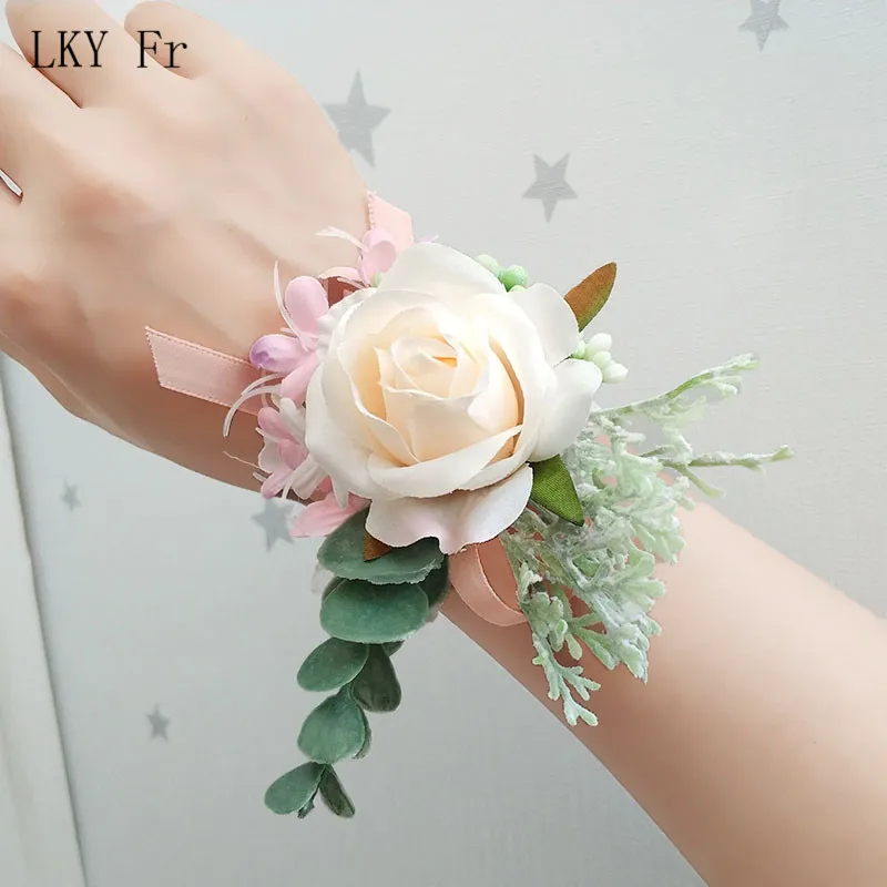 LKY Fr Bruiloft Corsages Bloemen Armband Bruidsmeisjes Pols Corsage Armband Boutonniere Pin Huwelijk Bruiloft Getuige Accessoires