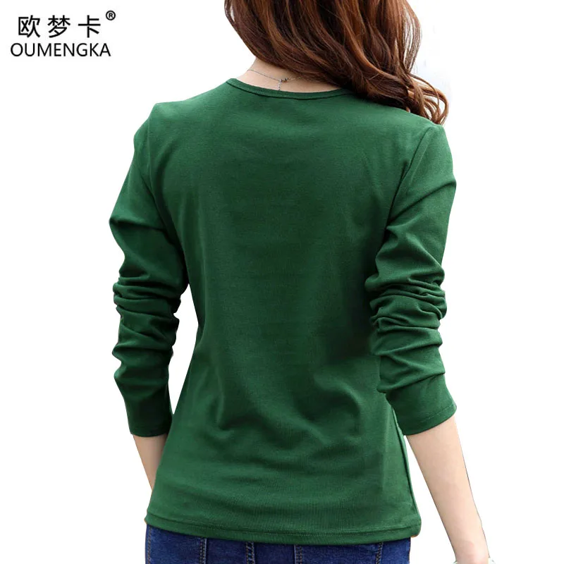 OUMENGKA Tee Shirt Femme Autumn Long Sleeve t-shirt Women t shirt Womens Tops Fashion Poleras De Mujer Solid Camisetas Mujer 4XL