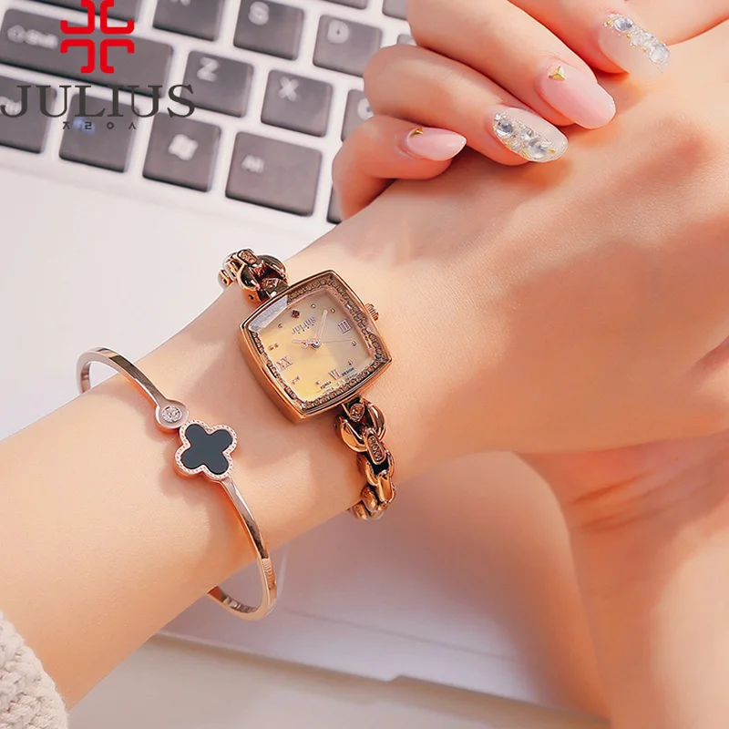 Small Mother-of-pearl Women\'s Watch Julius Japan Quartz Hours Fine Fashion Dress Bracelet Rhinestone Birthday Girl\'s Gift Box