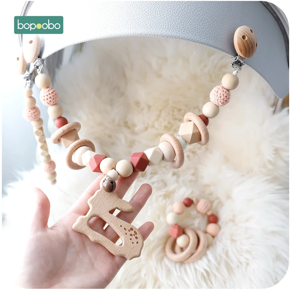 Bopoobo Baby Silicone Teethers Wooden Rings Bracelet Pacifier Chain Holders Teething Toy Pram Cart Chain Wooden Teether Baby Toy